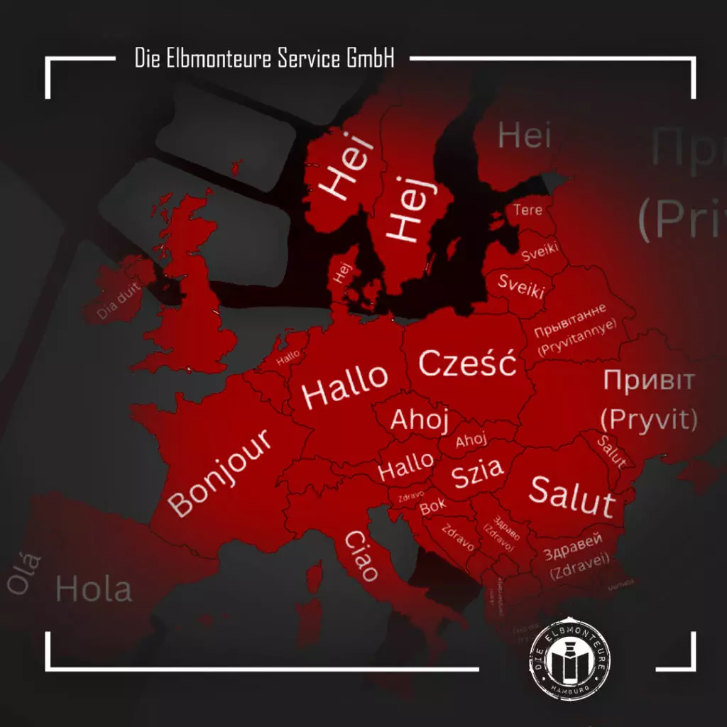 Eine Europakarte, auf der jedes Land mit dem Wort „Hallo“ in seiner Landessprache beschriftet ist, darunter „Bonjour“ (Frankreich), „Hallo“ (Deutschland), „Cześć“ (Polen), „Salut“ (Rumänien) und mehr. Eine Europakarte, auf der jedes Land mit dem Wort „Hallo“ in seiner Landessprache beschriftet ist, darunter „Bonjour“ (Frankreich), „Hallo“ (Deutschland), „Cześć“ (Polen), „Salut“ (Rumänien) und mehr.